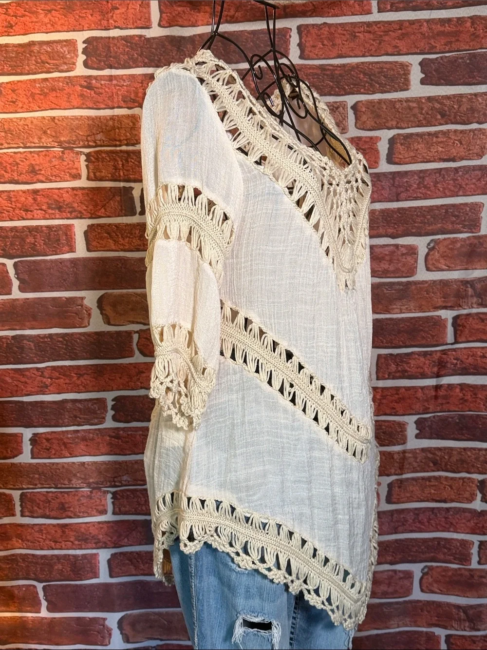 👚 Ecote Crochet Trim Gauze Tunic Top — Cream — Sz M / NWOT